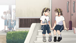 Rule 34 | 1boy, 4girls, blurry, blush, bottle, breasts, brown hair, bush, child, day, depth of field, door, eye contact, flat chest, gym uniform, hairband, highres, holding hands, kojiro337, long hair, looking at another, multiple girls, original, outdoors, pants, plump, ponytail, school, shirt, shoes, short hair, short ponytail, shorts, sitting, sitting on stairs, skinny, small breasts, sneakers, stairs, teacher, towel, walking, water bottle, white shirt, yuri