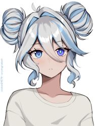 Rule 34 | 1girl, alternate costume, alternate hairstyle, blue eyes, blue hair, double bun, furina (genshin impact), genshin impact, grey hair, hair bun, heterochromia, highres, long hair, looking at viewer, mismatched pupils, multicolored hair, shirt, solo, vickie (cryingrobot), white shirt