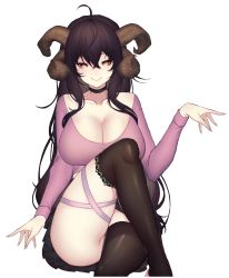 Rule 34 | 1girl, absurdres, ahoge, black hair, black skirt, black thighhighs, breasts, choker, cleavage, collarbone, crossed legs, demon girl, highres, horns, indie virtual youtuber, lace, lace trim, large breasts, long hair, looking at viewer, nail polish, naughty face, pink nails, pink shirt, pleated skirt, shirt, sitting, skirt, smile, thick thighs, thighhighs, thighs, white background, yellow eyes