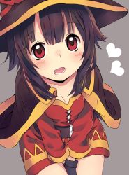 Rule 34 | 10s, 1girl, between legs, black gloves, black hair, blush, cape, commentary request, from above, gloves, grey background, hand between legs, hat, heart, kirarin369, kono subarashii sekai ni shukufuku wo!, looking at viewer, looking up, megumin, open mouth, red eyes, round teeth, short hair, sitting, solo, teeth, v arms, witch hat