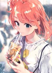 Rule 34 | 1girl, blue eyes, blurry, blurry background, bubble tea, commentary request, cup, drinking straw, drinking straw in mouth, fingernails, hair bun, highres, holding, holding cup, nail polish, ponkan 8, red hair, red nails, revision, shirt, short hair, single side bun, solo, suspenders, t-shirt, upper body, white shirt, yahari ore no seishun lovecome wa machigatteiru., yuigahama yui