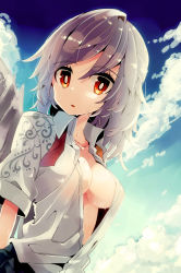 Rule 34 | 1girl, :o, angel wings, aoi kujira, blue sky, breasts, bright pupils, cloud, day, grey hair, kishin sagume, large breasts, looking at viewer, no bra, open clothes, open shirt, red eyes, shirt, single wing, sky, sweat, touhou, upper body, white pupils, wings