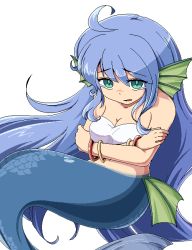 Rule 34 | 1girl, absurdly long hair, ahoge, blue hair, breasts, cleavage, crossed arms, crying, crying with eyes open, fins, green eyes, head fins, long hair, madou monogatari, maguro (mawaru sushi), medium breasts, mermaid, monster girl, puyopuyo, serilly (puyopuyo), simple background, solo, tears, very long hair, white background