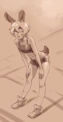 Rule 34 | 1girl, animal ears, bare arms, bare legs, bare shoulders, blush, breasts, brit (d-rex), closed eyes, collarbone, commentary, d-rex, full body, hair between eyes, highres, leaning forward, looking at viewer, midriff, monochrome, navel, one eye closed, open mouth, original, rabbit ears, rabbit tail, sepia, shoes, short hair, short shorts, shorts, smile, socks, solo, sports bra, standing, sweat, tail