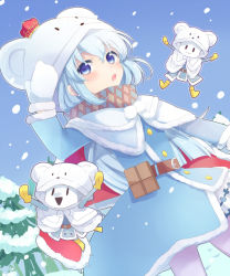 Rule 34 | 1girl, :o, arm up, belt, belt buckle, belt pouch, blue dress, blue eyes, blue hair, blush, buckle, capelet, creature, crown, dress, fir tree, gloves, looking at viewer, ole tower, outstretched arms, parted lips, plant, pocket, pom pom (clothes), pouch, snow scoop (ole tower), snowing, standing, tareme, tree, triangle mouth, xox xxxxxx, yellow gloves