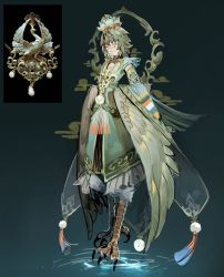 Rule 34 | 1boy, androgynous, animal feet, bird wings, black background, blue background, closed eyes, closed mouth, crown, detached sleeves, feathered wings, frills, full body, gradient background, green hair, green wings, harpy boy, highres, long hair, long sleeves, male focus, monster boy, original, personification, photo inset, reference inset, ripples, shycocoa, simple background, sleeveless, solo, standing, talons, tassel, wide sleeves, wings