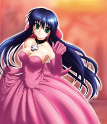 Rule 34 | akino reo, bare shoulders, bell line gown, blue hair, breasts, cleavage, cross, dress, elbow gloves, formal, gloves, gown, green eyes, kanon, kawasumi mai, large breasts, long hair, solo