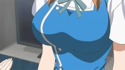 Rule 34 | 1girl, animated, animated gif, bouncing breasts, breast poke, breast punch, breasts, brown eyes, brown hair, d-frag!, large breasts, lowres, poking, punching, solo, tagme, takao (d-frag!), tears