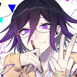 Rule 34 | 1boy, abstract background, bespectacled, black hair, close-up, closed mouth, collared shirt, danganronpa (series), danganronpa v3: killing harmony, glasses, gradient hair, hair between eyes, highres, holding, holding pencil, long sleeves, looking at viewer, male focus, multicolored hair, nanin, oma kokichi, pencil, purple eyes, purple hair, red eyes, shirt, sleeves past wrists, smile, solo, sweater, triangle, tsurime, v, wing collar, yellow sweater