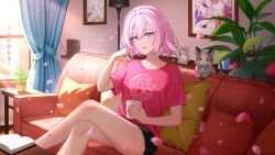 Rule 34 | 1girl, absurdres, animal, black shorts, book, breasts, cat, commentary request, couch, crossed legs, cup, curtains, day, dolphin shorts, elysia (honkai impact), hair between eyes, hand up, hh long, highres, holding, holding cup, honkai (series), honkai impact 3rd, indoors, lamp, looking at viewer, on couch, open book, parted lips, petals, pillow, pink hair, pink shirt, plant, potted plant, purple eyes, shelf, shirt, short hair, short sleeves, shorts, sitting, small breasts, smile, solo, sunlight, table, window, wooden floor