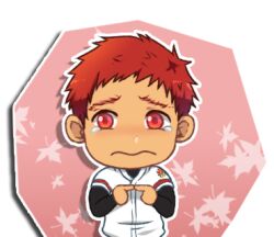 Rule 34 | 1boy, bacchikoi!, bad link, baseball uniform, chibi, chibi only, closed mouth, gradient background, index fingers together, kanada toshu, leaf, leaf background, lowres, male focus, mikkoukun, non-web source, outline, pink background, red eyes, red hair, sad, shirt, short hair, solo, sportswear, tearing up, tears, transparent background, wavy mouth, white outline, white shirt