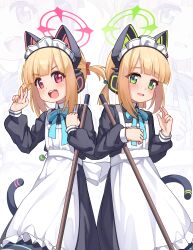 Rule 34 | 2girls, absurdres, animal ear headphones, animal ears, apron, black dress, blonde hair, blue archive, blush, cat tail, dress, fake animal ears, frilled apron, frills, green eyes, green halo, halo, headphones, highres, long sleeves, luxuriou s, maid, maid apron, maid headdress, midori (blue archive), midori (maid) (blue archive), momoi (blue archive), momoi (maid) (blue archive), multiple girls, official alternate costume, open mouth, pink halo, puffy long sleeves, puffy sleeves, red eyes, short hair, siblings, sisters, smile, tail, twins, white apron, zoom layer