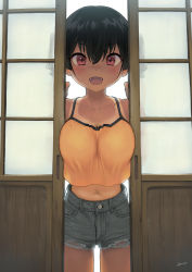 Rule 34 | 1girl, :d, backlighting, black hair, blush, breasts, camisole, collarbone, commentary request, fangs, grey shorts, highres, kaedeko (kaedelic), large breasts, looking at viewer, midriff, navel, one-piece tan, open mouth, oppai loli, original, red eyes, sasaki kanna (kaedeko), short hair, short shorts, shorts, shouji, signature, sliding doors, smile, solo, standing, tan, tanline, thighs, twintails, yellow camisole