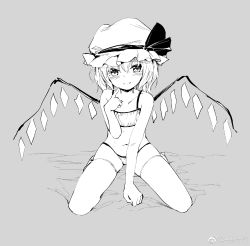 Rule 34 | 1girl, bare arms, bare shoulders, bra, chen bin, fang, fang out, flandre scarlet, full body, grey background, greyscale, hat, hat ribbon, head tilt, highres, light smile, looking at viewer, mob cap, monochrome, panties, pointing, pointing at self, ribbon, simple background, sitting, sketch, solo, thighhighs, touhou, underwear, underwear only, watermark, weibo logo, weibo watermark, wings