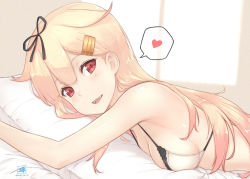 Rule 34 | 10s, 1girl, bare shoulders, bed, bed sheet, black ribbon, blonde hair, bra, breast press, breasts, dan (kumadan), fang, gradient hair, hair flaps, hair ribbon, heart, kantai collection, long hair, looking at viewer, lying, medium breasts, midriff, multicolored hair, hugging object, on stomach, open mouth, pillow, pillow hug, red eyes, red hair, ribbon, sideboob, signature, solo, spoken heart, underwear, underwear only, upper body, white bra, yuudachi (kancolle), yuudachi kai ni (kancolle)
