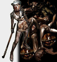 Rule 34 | breasts, bubble head nurse, cleavage, creeper (silent hill), flesh lips, ito masahiro, lead pipe, lying figure, mannequin (silent hill), monster, monster girl, no humans, nurse, nurse (silent hill), official art, silent hill, silent hill (series), silent hill 2, weapon