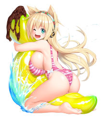 Rule 34 | 00s, 1girl, :p, asahi, ass, bare legs, barefoot, blonde hair, breasts, cecilia cello, chocolate, cleavage, curvy, eating, feet, female focus, food, green eyes, highleg, highleg swimsuit, highres, huge ass, huge breasts, ice cream, lilith-soft, long hair, looking at viewer, looking back, one-piece swimsuit, one eye closed, open mouth, shiny skin, smile, soles, solo, swimsuit, taimanin (series), taimanin asagi, taimanin rpgx, toes, tongue, tongue out, wink