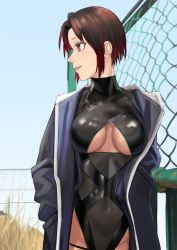 Rule 34 | 1girl, black hair, black legwear, blue sky, breasts, chain-link fence, clothing cutout, coat, covered navel, day, fence, hand in pocket, highleg, highleg leotard, highres, kilye kairi, leotard, leotard under clothes, long sleeves, medium breasts, multicolored hair, open clothes, open coat, original, outdoors, parted lips, pink eyes, pink lips, purple coat, red hair, skin tight, sky, smile, solo, turtleneck, two-tone hair, underboob, underboob cutout