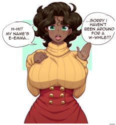 Rule 34 | 1girl, absurdres, breast suppress, breasts, brown hair, buttons, curvy, dark-skinned female, dark skin, double-breasted, english text, freckles, green eyes, hair intakes, hand on own chest, hands up, high-waist skirt, highres, huge breasts, lips, long sleeves, looking at viewer, medium hair, open mouth, original, parted bangs, red skirt, ribbed sweater, simmsy, simple background, skirt, solo, speech bubble, straight-on, sweater, turtleneck, turtleneck sweater, upper body, waving, wide hips, yellow sweater