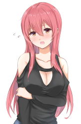 Rule 34 | 1girl, arm grab, black shirt, blush, breast hold, breasts, cleavage, cleavage cutout, clothing cutout, collarbone, commentary request, embarrassed, flying sweatdrops, frown, head tilt, highres, large breasts, long hair, long sleeves, looking at viewer, open mouth, orange eyes, original, pink hair, shirt, shoulder cutout, simple background, solo, standing, upper body, wasami (a27678193a), white background