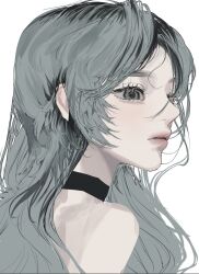 Rule 34 | 1girl, bare shoulders, black choker, choker, closed mouth, grey eyes, grey hair, highres, kirochy, lips, long hair, original, portrait, simple background, solo, white background