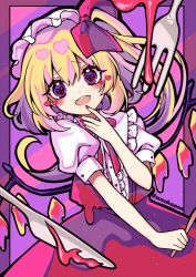 Rule 34 | 1girl, :d, blonde hair, cowboy shot, flandre scarlet, fork, hat, heart, heart-shaped pupils, highres, knife, kyouda suzuka, long hair, looking at viewer, mob cap, nail polish, open mouth, pink background, puffy short sleeves, puffy sleeves, purple background, purple eyes, red nails, red neckwear, red skirt, red vest, shirt, short sleeves, side ponytail, skirt, smile, solo, standing, striped, striped background, symbol-shaped pupils, touhou, twitter username, two-tone background, vest, white hat, white shirt, wings