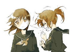Rule 34 | 2girls, annoyed, brown hair, closed eyes, empty eyes, from side, mask, mouth mask, multiple girls, namori, original, ponytail, profile, school uniform, serafuku, simple background, sneezing, sneezing on another, snot, snot trail, surgical mask, surprised, wavy mouth, white background