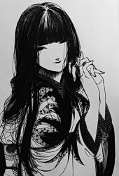 Rule 34 | 1girl, absurdres, ameishi, ballpoint pen (medium), black hair, blunt bangs, greyscale, hand in own hair, highres, japanese clothes, kimono, long hair, looking at viewer, monochrome, obi, original, own hands together, print kimono, sash, simple background, solo, traditional media, white background, wide sleeves