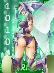Rule 34 | 1girl, ass, boots, breasts, digimon, digimon (creature), digimon collectors, dimples of venus, elbow gloves, facial mark, fairimon, fairy, female focus, garter belt, gauntlets, gloves, kneeling, large breasts, light purple hair, lingerie, long hair, looking back, lowres, monster girl, official art, panties, shoulder pads, smile, solo, thigh boots, thighhighs, underwear, visor, wings