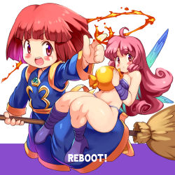 Rule 34 | 2girls, :d, bikini, blue dress, blush, breasts, broom, broom riding, chestnut mouth, cotton (character), cotton (game), curly hair, dress, fire, highres, holding, holding broom, large breasts, long hair, looking at viewer, multiple girls, navel, open mouth, pink eyes, pink hair, pointing, purple bikini, pyrokinesis, red hair, shiny skin, short hair, silk (cotton), smile, swimsuit, thick thighs, thighs, yu 3