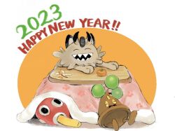 Rule 34 | 2023, :d, bonsly, closed eyes, commentary request, creatures (company), galarian form, galarian meowth, game freak, gen 2 pokemon, gen 4 pokemon, gen 8 pokemon, happy new year, koala 0l, kotatsu, new year, nintendo, no humans, open mouth, pokemon, pokemon (creature), sharp teeth, shuckle, smile, table, teeth, u u