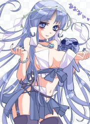 Rule 34 | 1girl, ao oni, artist request, blockman oni (ao oni), blue eyes, blue hair, blush, blush stickers, bracelet, breasts, cameo, checkered background, fangs, genderswap, genderswap (mtf), hair ornament, hair tubes, highres, jewelry, long hair, looking at viewer, magatama, matching hair/eyes, midriff, nail polish, navel, necklace, pearl bracelet, pearl necklace, personification, sidelocks, solo, stuffed toy, the oni (ao oni), very long hair