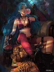 Rule 34 | 1girl, alternate hairstyle, asymmetrical clothes, bare shoulders, blue hair, blowing bubbles, bullet, chewing gum, fingerless gloves, flat chest, gloves, guang li si, gun, highres, jewelry, jinx (league of legends), league of legends, long hair, navel, necklace, solo, tattoo, thighhighs, very long hair, weapon