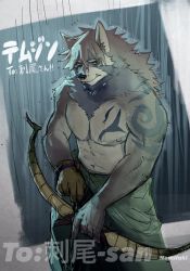Rule 34 | 1boy, animal ears, bara, beige fur, bow (weapon), brown hair, commission, drawing bow, facial hair, fang, furry, furry male, goatee, green kimono, hadanugi dousa, hair between eyes, holding bow (weapon), japanese clothes, kimono, large pectorals, male focus, mature male, muscular, muscular male, navel, nipples, nomifuki, open kimono, pectorals, rain, topless male, short hair, solo, stomach, temujin (housamo), tokyo houkago summoners, weapon, wet, wet hair, wolf boy, wolf ears