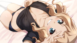 Rule 34 | 1girl, :d, absurdres, arm up, black shirt, blonde hair, blue eyes, blush, breasts, cleavage, clothes pull, collarbone, covered erect nipples, denim, denim shorts, dutch angle, forehead, girls und panzer, grin, highres, kay (girls und panzer), long hair, looking at viewer, lying, medium breasts, navel, no bra, on back, on bed, open mouth, shiina excel, shirt, shirt pull, short shorts, short sleeves, shorts, smile, solo, teeth, thighhighs, v, white thighhighs