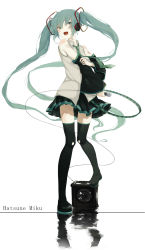 Rule 34 | 1girl, aqua eyes, aqua hair, bare shoulders, black thighhighs, boots, cable, hair ornament, hatsune miku, headset, highres, long hair, long sleeves, microphone, music, necktie, open mouth, reflection, shirt, simple background, singing, skirt, smile, solo, speaker, thigh boots, thighhighs, twintails, very long hair, vocaloid, white background, wide sleeves, yukima (yushika), zettai ryouiki