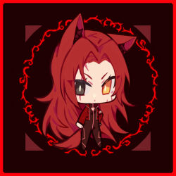 Rule 34 | 1girl, animal ears, armband, black eyes, bodysuit, cat ears, cat girl, cat tail, chibi, chinese commentary, cleavage cutout, closed mouth, clothing cutout, commentary request, cropped jacket, dot mouth, er hea, facial scar, gebura (project moon), hand on own hip, heterochromia, jacket, kemonomimi mode, lobotomy corporation, long hair, long sleeves, open clothes, open jacket, parted bangs, project moon, red armband, red bodysuit, red hair, red jacket, scar, scar across eye, scar on cheek, scar on face, solo, tail, v-shaped eyebrows, yellow eyes