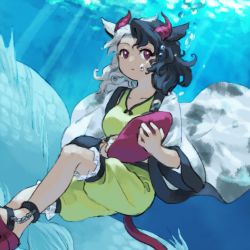 Rule 34 | 1girl, air bubble, animal ears, black hair, blue background, breasts, bubble, commentary request, cow ears, feet out of frame, haori, horns, japanese clothes, kaigen 1025, medium breasts, multicolored hair, red eyes, red footwear, red horns, sandals, sea monster, shirt, short hair, shorts, solo, split-color hair, touhou, two-tone hair, underwater, ushizaki urumi, white hair, wide sleeves, yellow shirt, yellow shorts