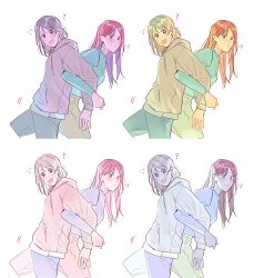 Rule 34 | 2girls, ?, absurdres, back-to-back, blue eyes, blue shirt, blush, brown eyes, closed mouth, commentary request, drawstring, flying sweatdrops, grey hair, grey hoodie, highres, hood, hoodie, korean commentary, locked arms, long hair, long sleeves, looking at viewer, love live!, love live! sunshine!!, medium hair, motion lines, multiple girls, mumuir0315, open mouth, puff of air, red hair, sakurauchi riko, shirt, simple background, sweat, sweatdrop, watanabe you, white background