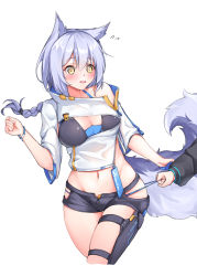 Rule 34 | 1girl, @ @, animal ears, arknights, blush, breasts, cleavage, cowboy shot, crop top, cropped jacket, flying sweatdrops, groin, hair between eyes, jacket, large tail, long hair, medium breasts, midriff, navel, official alternate costume, open mouth, phytoncide, provence (arknights), provence (casual vacation) (arknights), purple hair, short sleeves, simple background, solo focus, standing, stomach, tail, thighs, white background, white jacket, wolf ears, wolf tail, yellow eyes