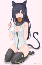 Rule 34 | 1girl, absurdres, alice gear aegis, animal ears, black eyes, black thighhighs, bread, breasts, cat ears, cat tail, cleavage, commentary request, food, full body, heattech leotard, highres, kagome misaki, leotard, long hair, looking at viewer, medium breasts, mole, mole under eye, mouth hold, paw pose, rasen manga, simple background, solo, tail, thighhighs, turtleneck, white background, white leotard, zipper pull tab