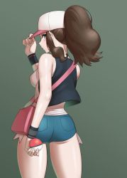 Rule 34 | 1girl, ass, bag, baseball cap, black vest, blue eyes, breasts, brown hair, commentary, creatures (company), from behind, game freak, green background, hand on headwear, hand up, hat, high ponytail, highres, hilda (pokemon), holding, holding poke ball, long hair, looking back, nintendo, open clothes, open vest, pink bag, poke ball, pokemon, pokemon bw, shiny skin, shirt, short shorts, shorts, shoulder bag, sidelocks, solo, sungpark, vest, white shirt, wristband