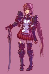 Rule 34 | 1girl, armor, blush, gloves, hair ribbon, highres, issycake, long hair, looking at viewer, lora (xenoblade), parted lips, pauldrons, red hair, ribbon, short hair, shoulder armor, simple background, skirt, smile, solo, xenoblade chronicles (series), xenoblade chronicles 2, xenoblade chronicles 2: torna - the golden country, yellow eyes