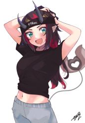Rule 34 | 1girl, nanashi inc., :d, alternate costume, arms up, black hair, black shirt, blue eyes, blush, breasts, commentary request, cowboy shot, demon girl, demon horns, grey pants, highres, horns, large breasts, long hair, looking at viewer, midriff, multicolored hair, navel, open mouth, pants, piercing, pointy ears, red hair, ryugasaki rene, shirt, signature, simple background, smile, solo, sugar lyric, t-shirt, two-tone hair, virtual youtuber, white background, zono (inokura syuzo029)