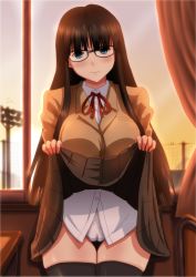 Rule 34 | 1girl, black hair, black thighhighs, blue eyes, blush, breasts, cameltoe, clothes lift, glasses, highres, kezune (i- -i), large breasts, long hair, looking at viewer, original, panties, school uniform, skirt, skirt lift, smile, solo, thighhighs, underwear, upskirt, white panties