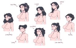 Rule 34 | black hair, blue eyes, braid, breasts, broken hilt inn, character sheet, cleavage, collarbone, dave cheung, double bun, earrings, eyebrows, glasses, hair bun, hair ribbon, highres, jewelry, large breasts, medium hair, necklace, nipples, parted lips, ribbon, short hair, side ponytail, sidelocks, twintails, upper body, variations, white background