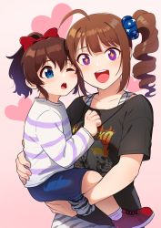 Rule 34 | 2girls, aged down, ahoge, animal print, black shirt, blue eyes, blue scrunchie, blue shorts, blush, bow, brown hair, carrying, carrying person, commentary, gradient background, hair between eyes, hair bow, hand on another&#039;s chest, heart, highres, idolmaster, idolmaster million live!, kamille (vcx68), long hair, long sleeves, looking at viewer, multiple girls, one eye closed, open mouth, pink background, ponytail, print shirt, purple eyes, red bow, red footwear, satake minako, scrunchie, shirt, shorts, side ponytail, smile, socks, sparkling eyes, striped clothes, striped shirt, t-shirt, teeth, upper teeth only, white shirt, yokoyama nao, zebra print