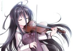 Rule 34 | 1girl, black hair, bow (music), closed mouth, copyright name, closed eyes, g-senjou no maou, hair between eyes, highres, instrument, long hair, long sleeves, music, playing instrument, simple background, solo, standing, takepoison, usami haru, very long hair, violin, white background
