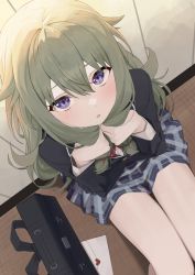 Rule 34 | :o, bag, colored eyelashes, counter, crossed bangs, envelope, floor, green hair, highres, holding, holding own hair, kamiyama high school uniform (project sekai), kusanagi nene, legs together, looking at viewer, necktie, open mouth, pleated skirt, project sekai, purple eyes, school bag, school uniform, skirt, sweatdrop, syhan