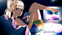 Rule 34 | 1girl, bare legs, bare shoulders, bed, controller, crossed legs, dark-skinned female, dark skin, feet, female focus, game console, gamecube, joystick, looking at viewer, looking back, lying, midriff, navel, night, original, pillow, playing games, ponytail, purple eyes, short shorts, shorts, smile, solo, star (symbol), tank top, television, tom skender, white hair
